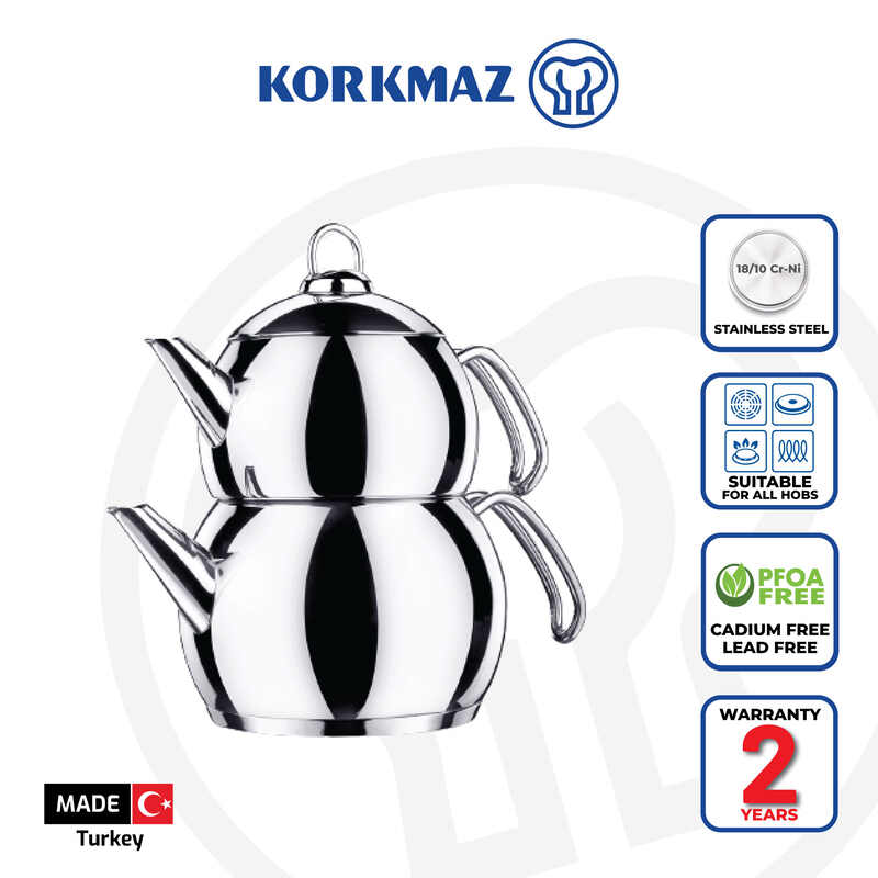 Korkmaz Tombik Teapot Set - 1.1L Premium Stainless Steel, Made in Turkey