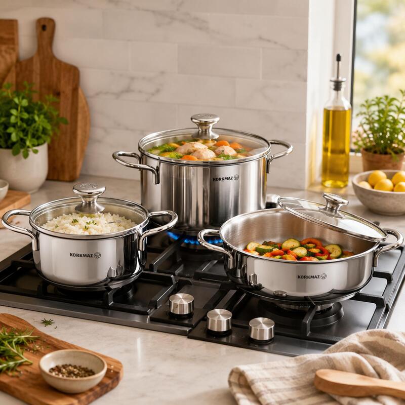 Korkmaz Alia 6-Piece 18/10 Stainless Steel Cookware Set, Induction Compatible
