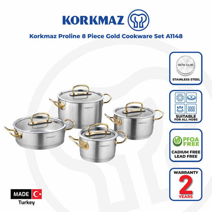 Korkmaz Proline 8-Piece Stainless Steel Cookware Set - Induction Compatible, Stock Pot Set, Made in Turkey