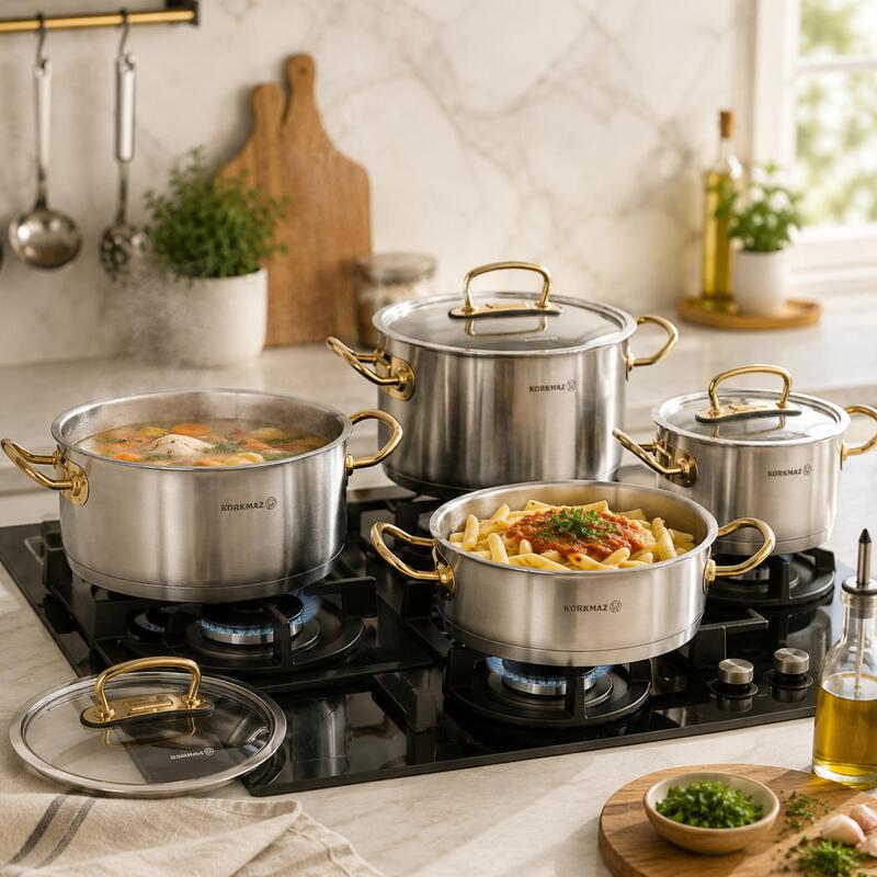 Korkmaz Proline Gold 8-Piece 18/10 Stainless Steel Cookware Set, Induction Compatible