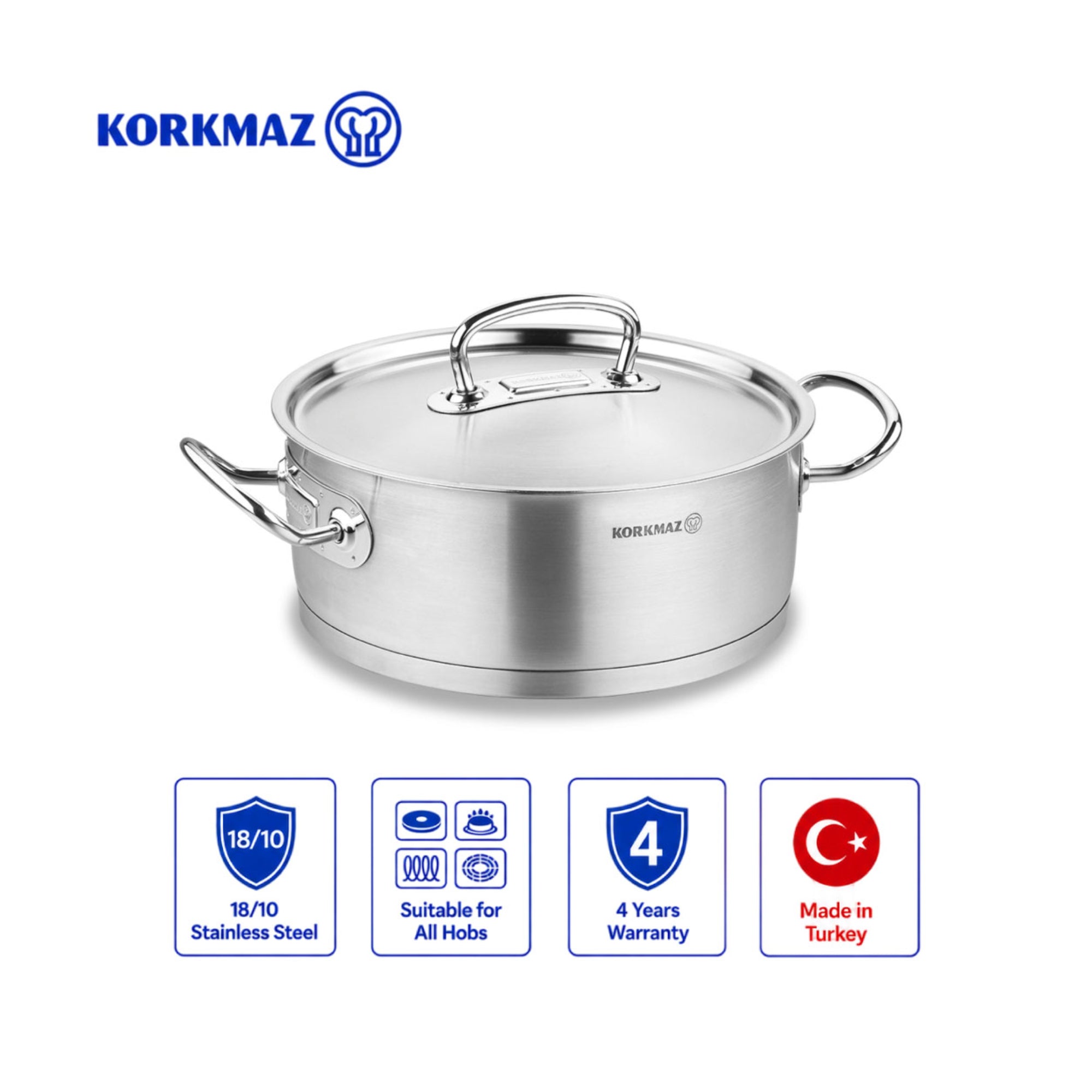 Korkmaz Proline Stainless Steel Saute Pan - Induction Compatible Chef Cooking Pan, Made in Turkey