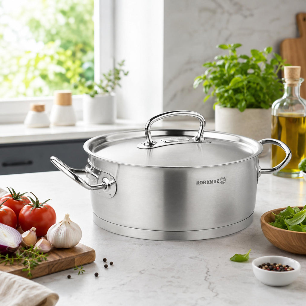 Korkmaz Proline Stainless Steel Saute Pan - Induction Compatible Chef Cooking Pan, Made in Turkey