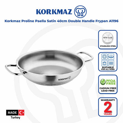 Korkmaz Proline Stainless Steel Paella Pan , Induction Compatible Frying Pan, Made in Turkey