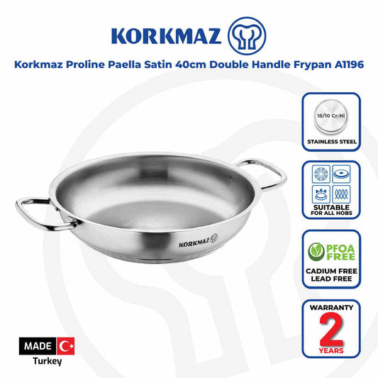 Korkmaz Proline Stainless Steel Paella Pan , Induction Compatible Frying Pan, Made in Turkey
