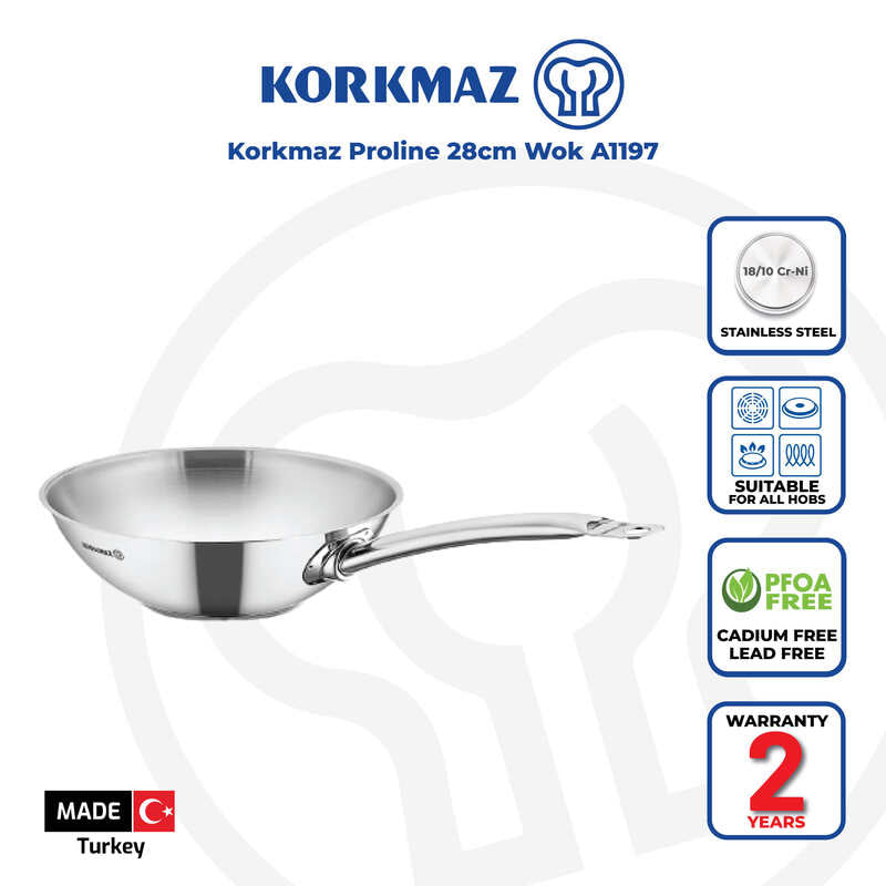 Korkmaz Proline Stainless Steel Wok - 28x8.5cm, Induction Compatible Frying Pan, Made in Turkey
