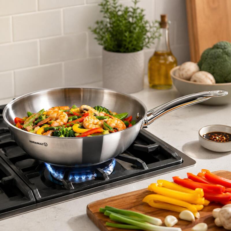 Korkmaz Proline 18/10 Stainless Steel Wok 28cm 3.5L, Induction Compatible