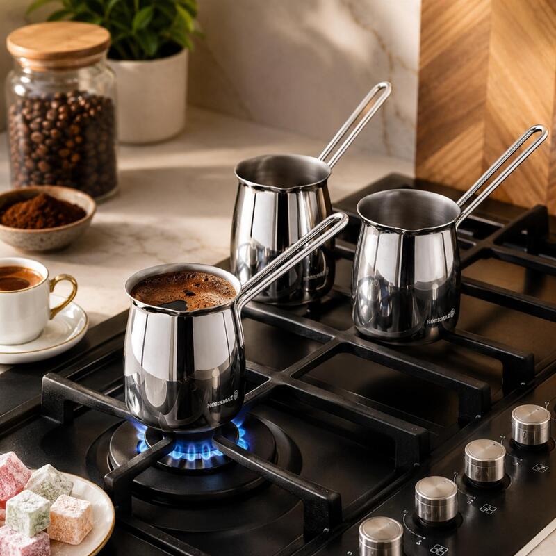 Korkmaz Tombik 18/10 Stainless Steel Cezve Set, 3-Piece Turkish Coffee Pots