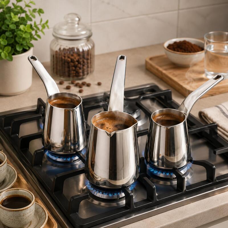 Korkmaz Vertex 3-Piece 18/10 Stainless Steel Turkish Coffee Pot Cezve Set