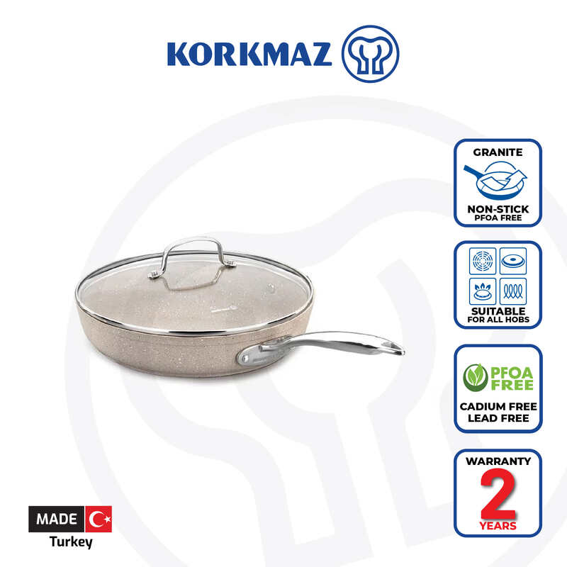 Korkmaz Granita Non Stick Frying Pan With Glass Lid - PFOA Free, Induction Compatible, Made In Turkey