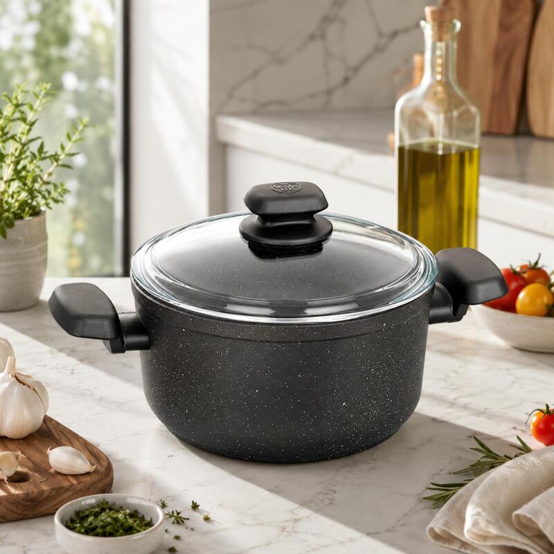 Korkmaz Ornella Non-Stick Stock Pot with Glass Lid 28cm 8L, Induction Compatible
