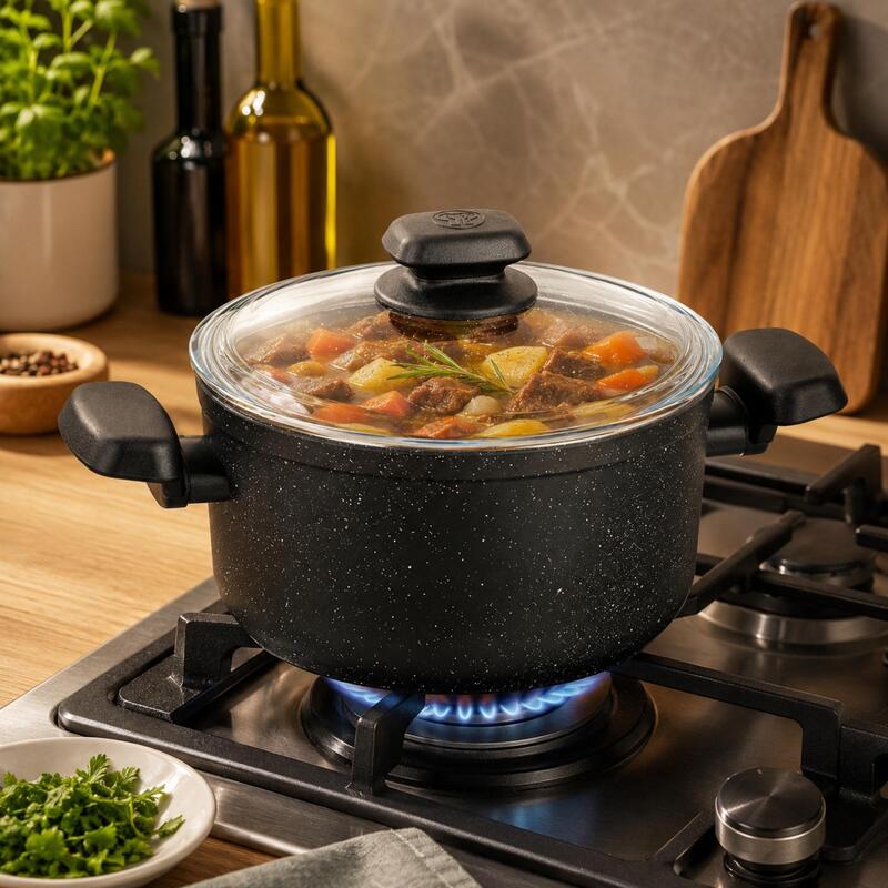 Korkmaz Ornella Non-Stick Stock Pot with Glass Lid 28cm 8L, Induction Compatible