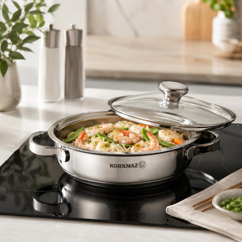 Korkmaz Minika Stainless Steel Mini Pan with Glass Lid – 14cm 0.5L
