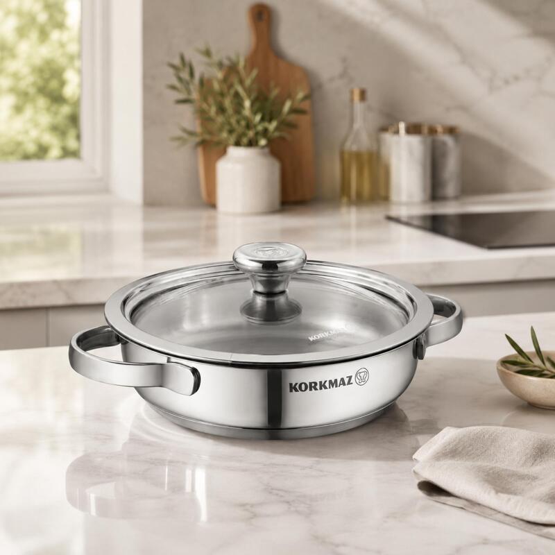 Korkmaz Minika Stainless Steel Mini Pan with Glass Lid – 14cm 0.5L