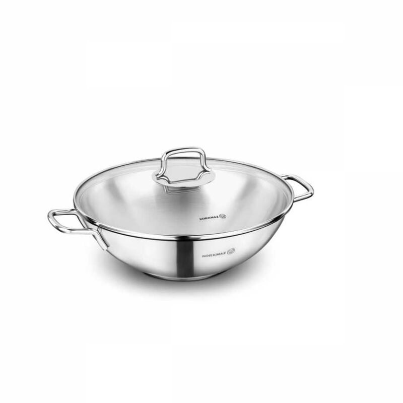 Korkmaz Perla Stainless Steel Wok with Lid - 28x8.5cm