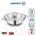 Korkmaz Perla Stainless Steel Wok with Lid - 28x8.5cm
