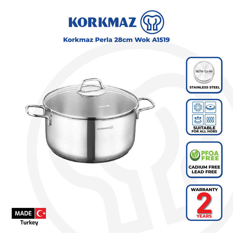 Korkmaz Perla Stainless Steel Wok with Lid - 28x8.5cm, Induction Compatible, Made in Turkey