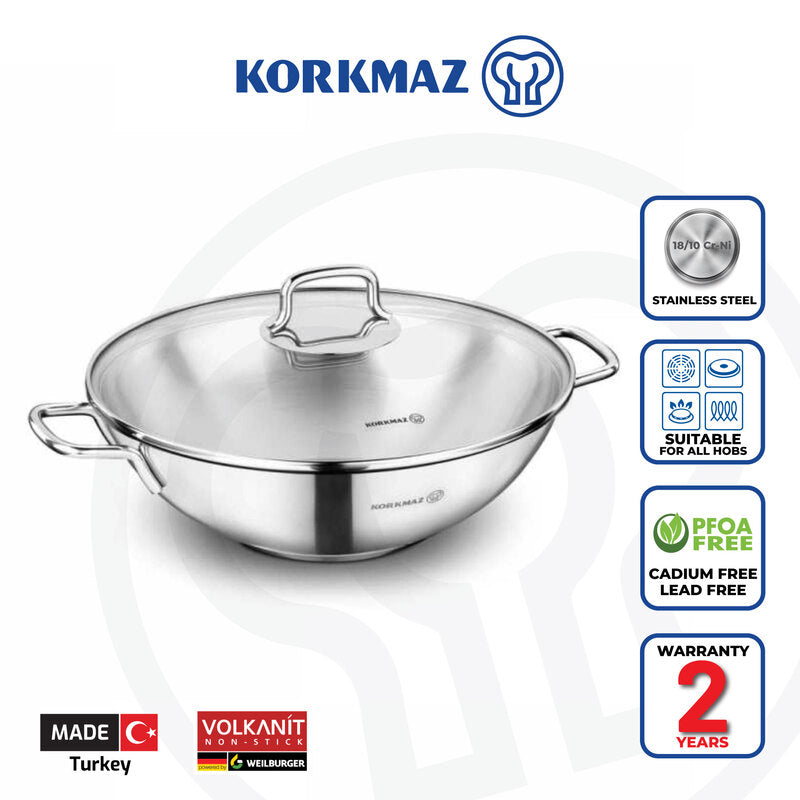 Korkmaz Perla Stainless Steel Wok with Lid - 28x8.5cm