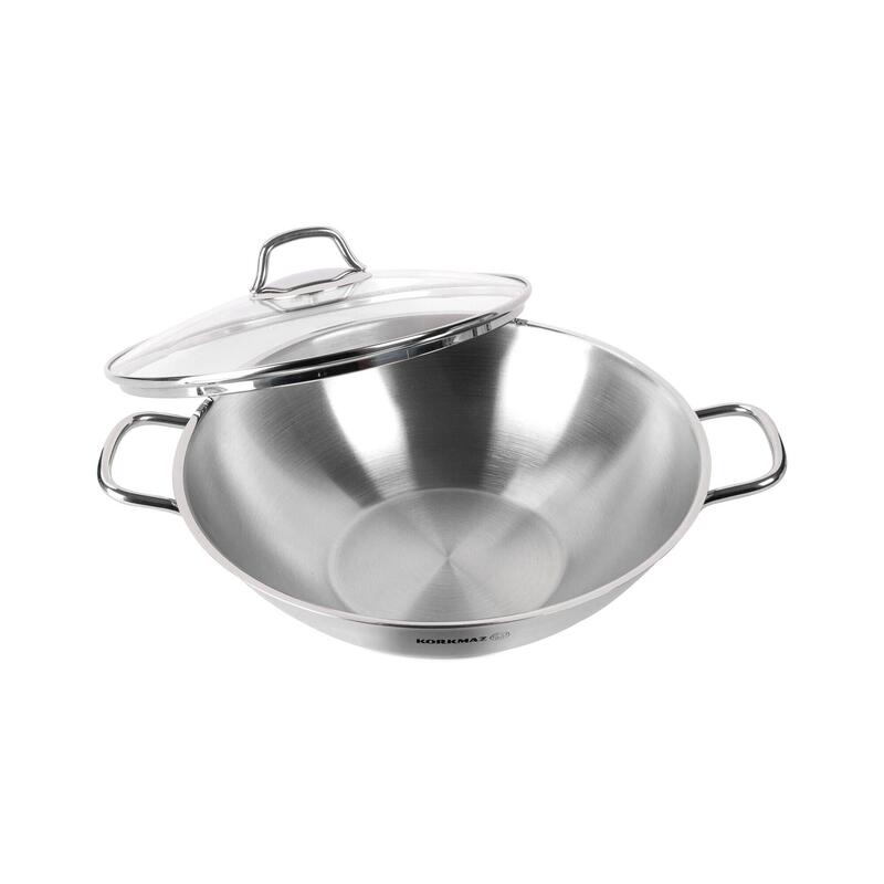 Korkmaz Perla 18/10 Stainless Steel Wok with Glass Lid 28cm 3.3L, Induction Compatible