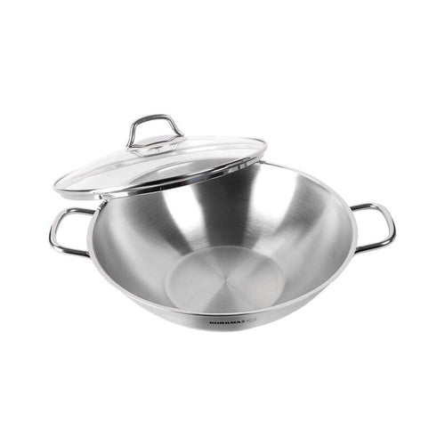 Korkmaz Perla 18/10 Stainless Steel Wok with Glass Lid 28cm 3.3L, Induction Compatible