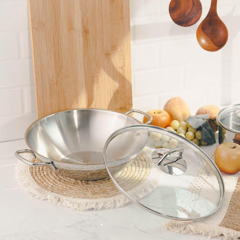Korkmaz Perla 18/10 Stainless Steel Wok with Glass Lid 28cm 3.3L, Induction Compatible