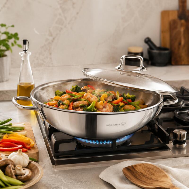 Korkmaz Perla 18/10 Stainless Steel Wok with Glass Lid 28cm 3.3L, Induction Compatible