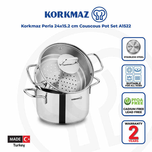 Korkmaz Perla Stainless Steel Steamer / Couscous Cookware Set with Lid -  Induction Compatible, Made In Turkey