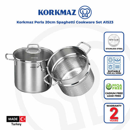 Korkmaz Perla Stainless Steel Spaghetti Cookware Set - Induction Compatible Spaghetti Pot, Made in Turkey