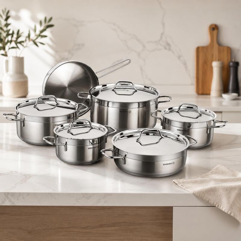 Korkmaz Alfa Plus 11-Piece Stainless Steel Cookware Set with Frypan
