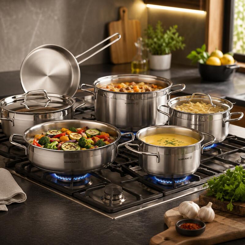 Korkmaz Alfa Plus 11-Piece 18/10 Stainless Steel Cookware Set with Frying Pan, Induction Compatible
