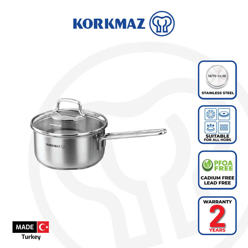 Korkmaz Perla Stainless Steel Saucepan with Lid - 16x8cm