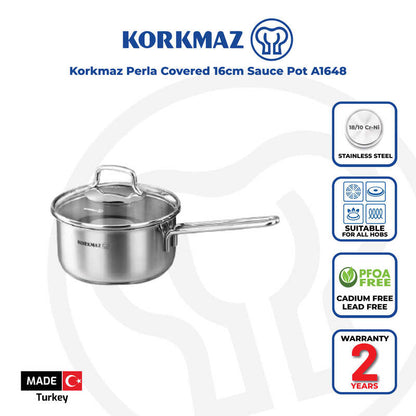 Korkmaz Perla Stainless Steel Saucepan with Lid - 16x8cm, Induction Compatible, Made in Turkey