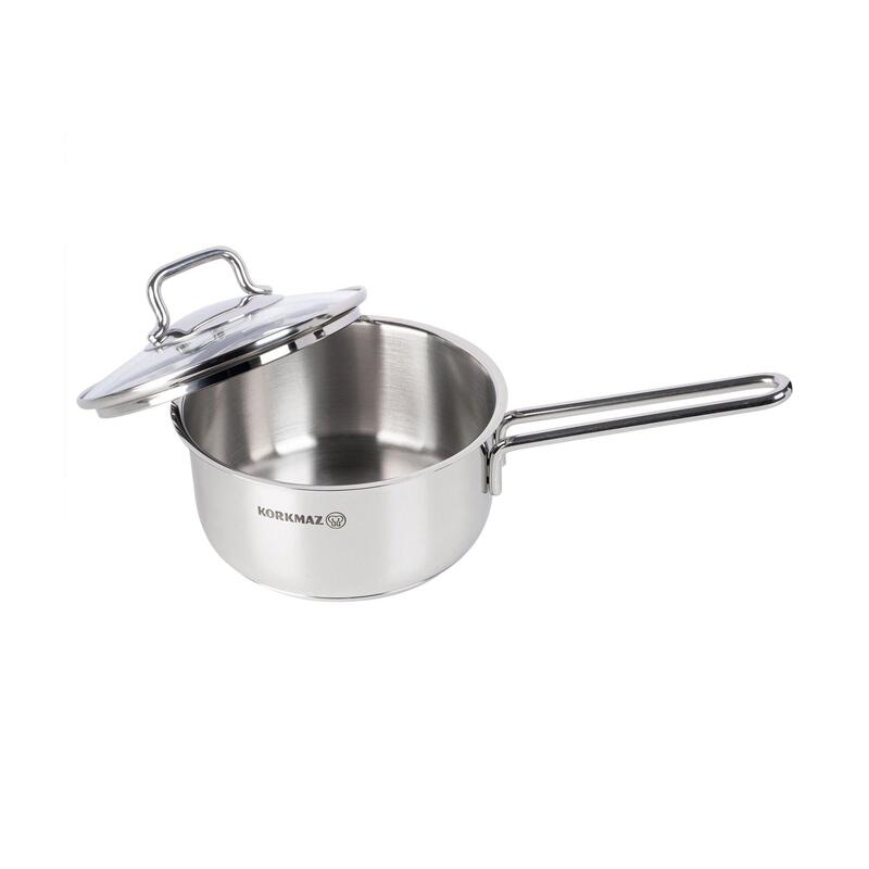Korkmaz Perla 18/10 Stainless Steel Saucepan with Glass Lid 16cm 1.6L, Induction Compatible