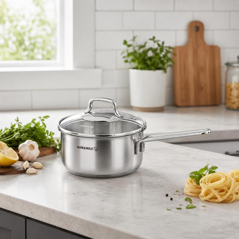 Korkmaz Perla 18/10 Stainless Steel Saucepan with Glass Lid 16cm 1.6L, Induction Compatible