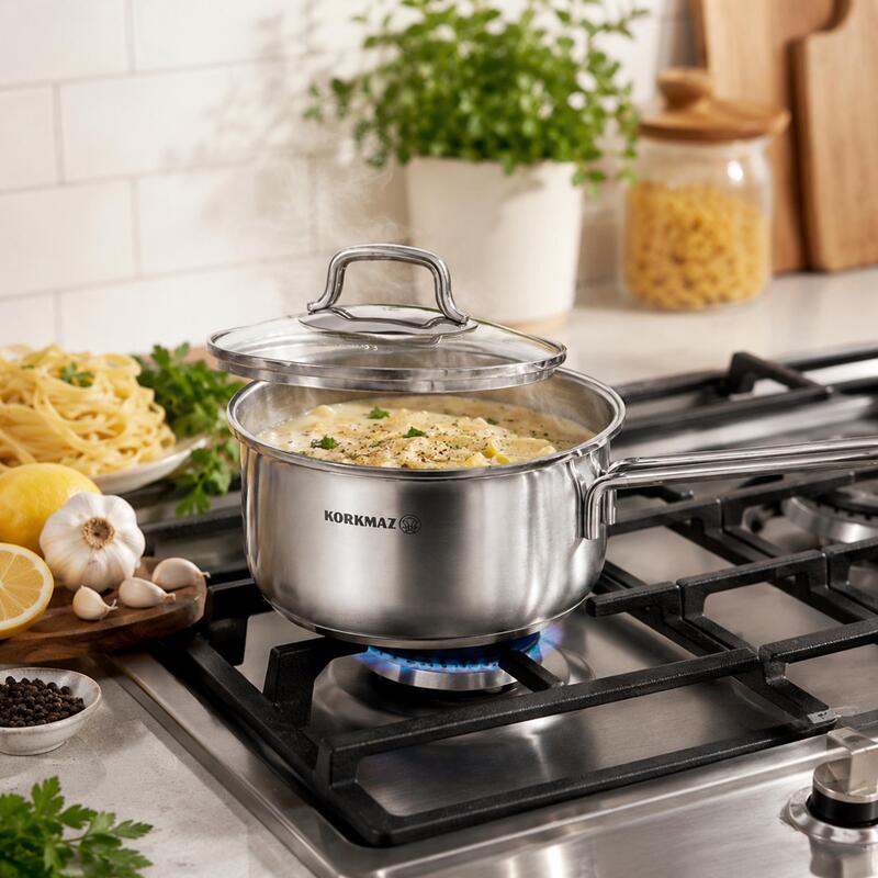 Korkmaz Perla 18/10 Stainless Steel Saucepan with Glass Lid 16cm 1.6L, Induction Compatible