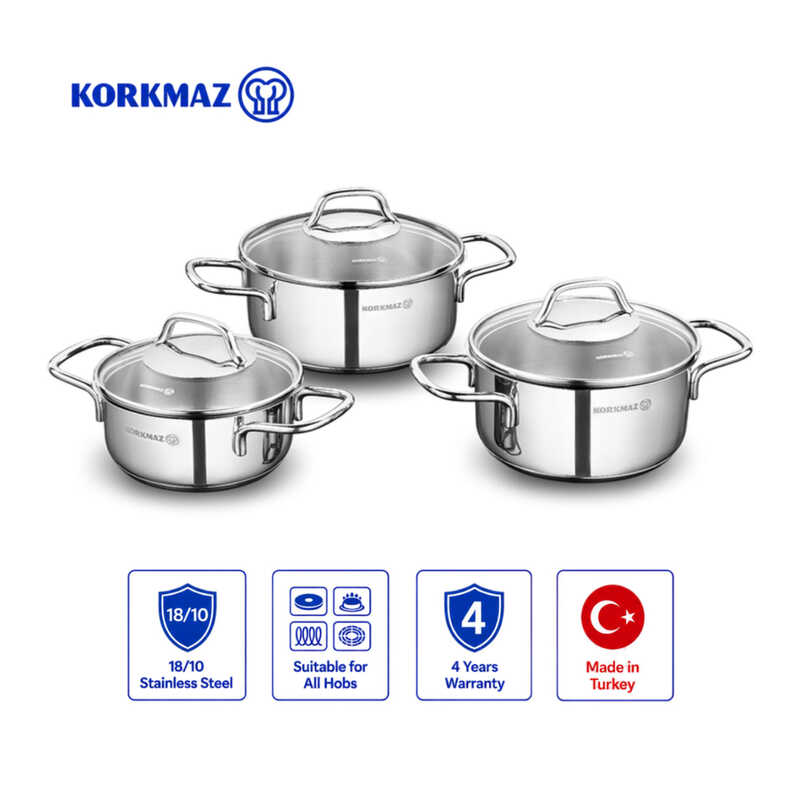 Korkmaz Perla Jr. 6-Piece 18/10 Stainless Steel Cookware Set, Induction Compatible