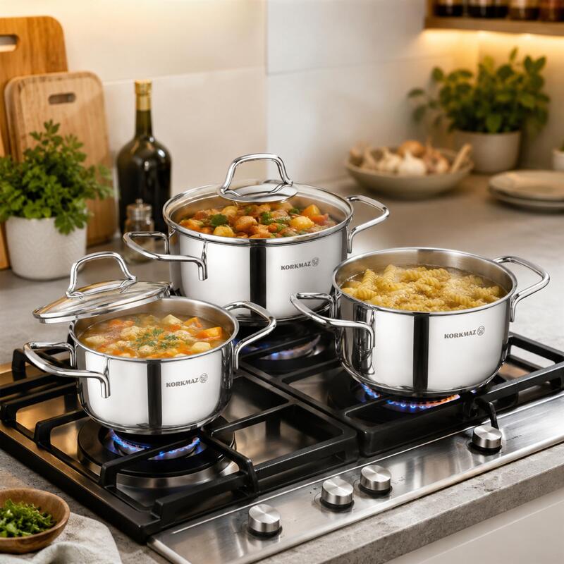 Korkmaz Perla Jr. 6-Piece 18/10 Stainless Steel Cookware Set, Induction Compatible