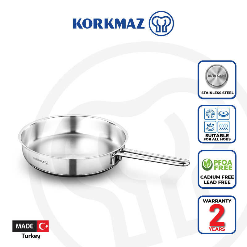 Korkmaz Perla Stainless Steel Frying Pan - 24x5cm, Induction Compatible, Made in Turkey