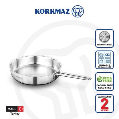 Korkmaz Perla Stainless Steel Frying Pan - 24x5cm, Induction Compatible, Made in Turkey
