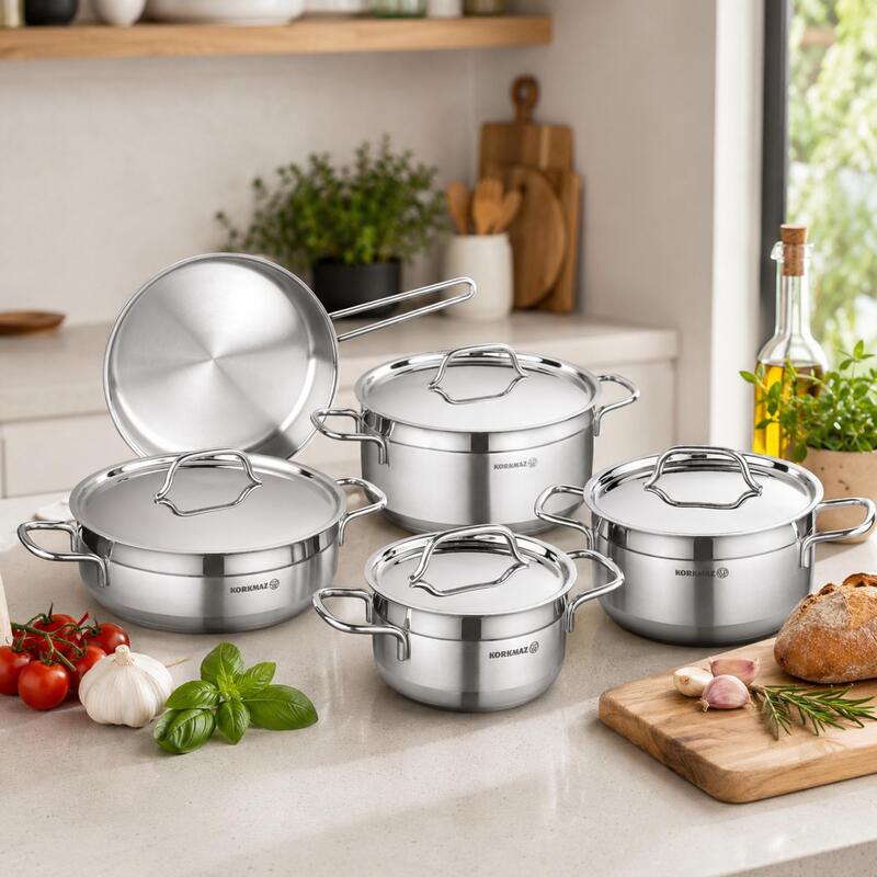 Korkmaz Alfa 9-Piece 18/10 Stainless Steel Cookware Set, Induction Compatible