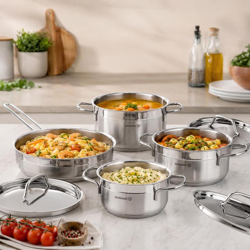 Korkmaz Alfa 9-Piece 18/10 Stainless Steel Cookware Set, Induction Compatible