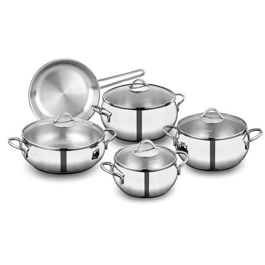 Korkmaz Tombik 9-Piece Stainless Steel Cookware Set - Induction Compatible, Stainless Steel Stock Pot Set and Frying Pan, Made in Turkey