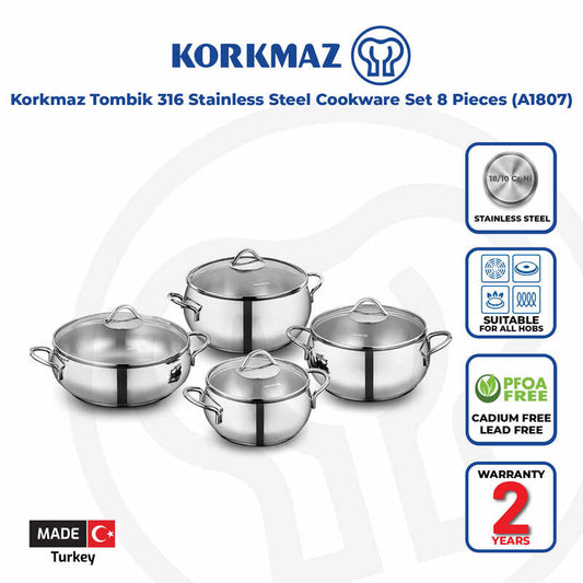 Korkmaz Tombik 8-Piece Stainless Steel Cookware Set - Induction Compatible, Stainless Steel Stock Pot Set, Made in Turkey