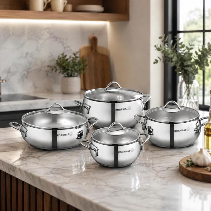 Korkmaz Tombik 8-Piece 18/10 Stainless Steel Cookware Set, Induction Compatible