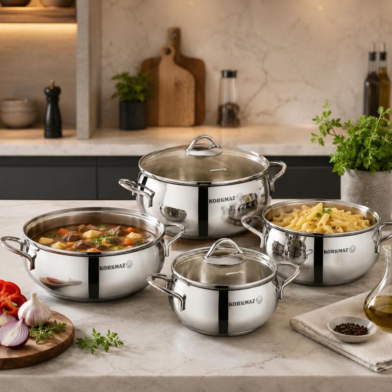 Korkmaz Tombik 8-Piece 18/10 Stainless Steel Cookware Set, Induction Compatible