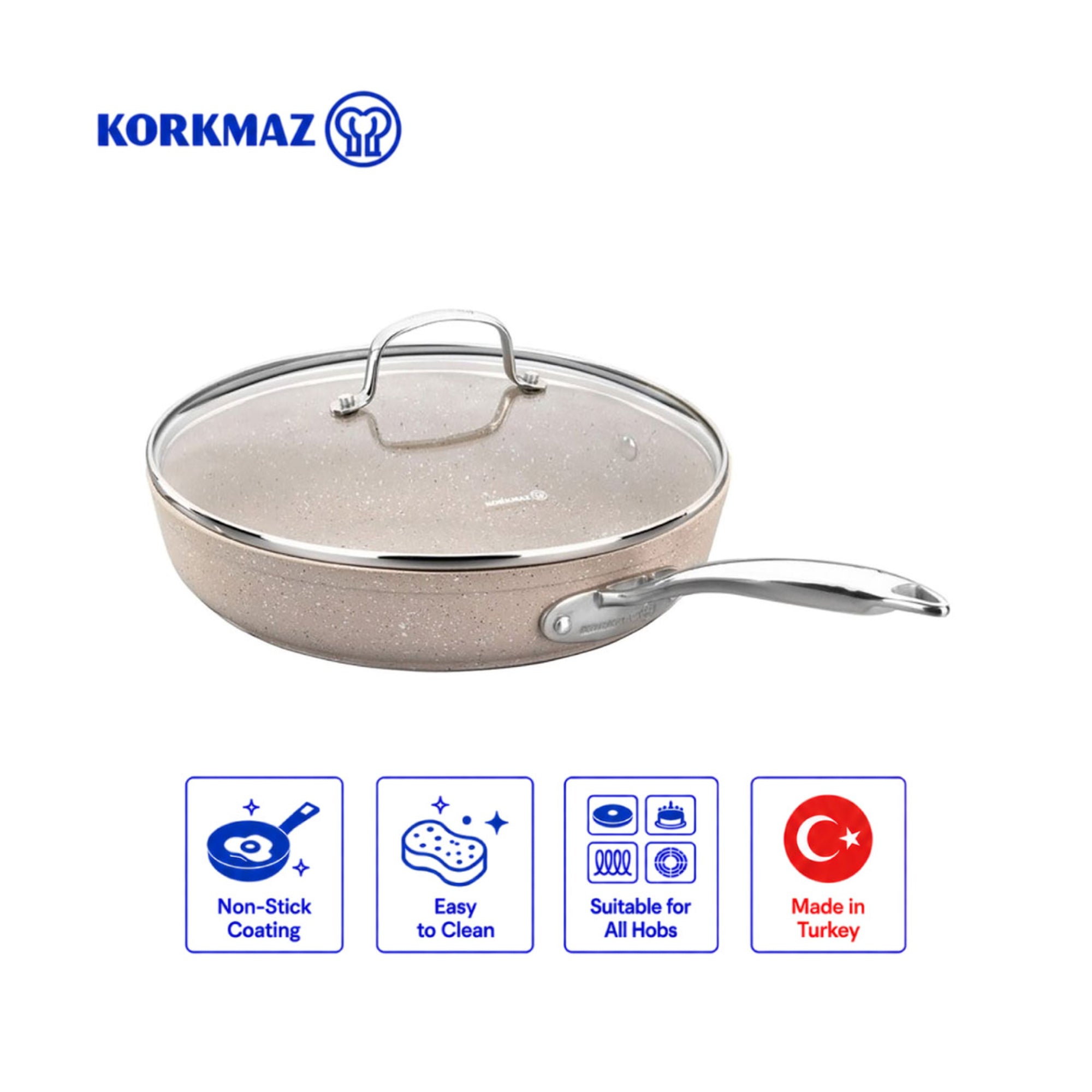 Korkmaz Granita Non Stick Frying Pan With Glass Lid - PFOA Free, Induction Compatible, Made In Turkey