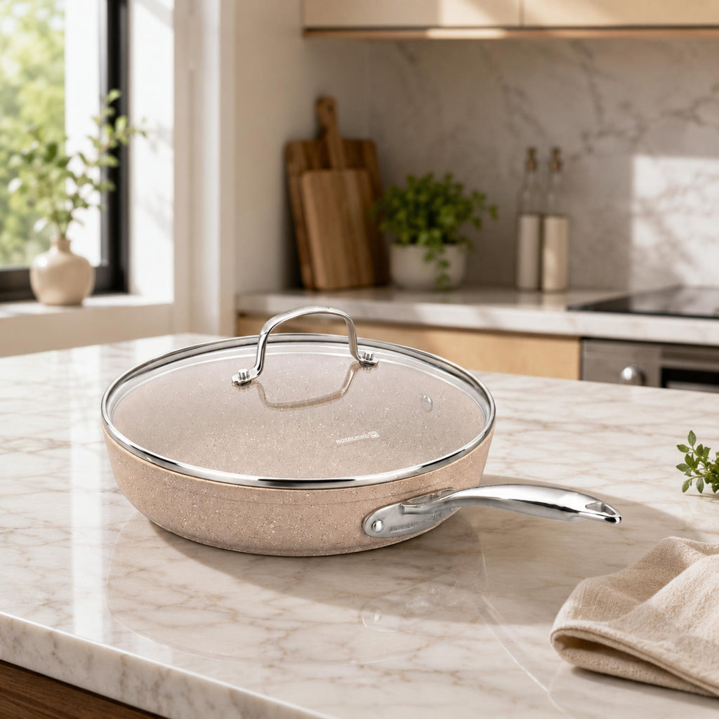 Korkmaz Granita Non Stick Frying Pan With Glass Lid - PFOA Free, Induction Compatible, Made In Turkey