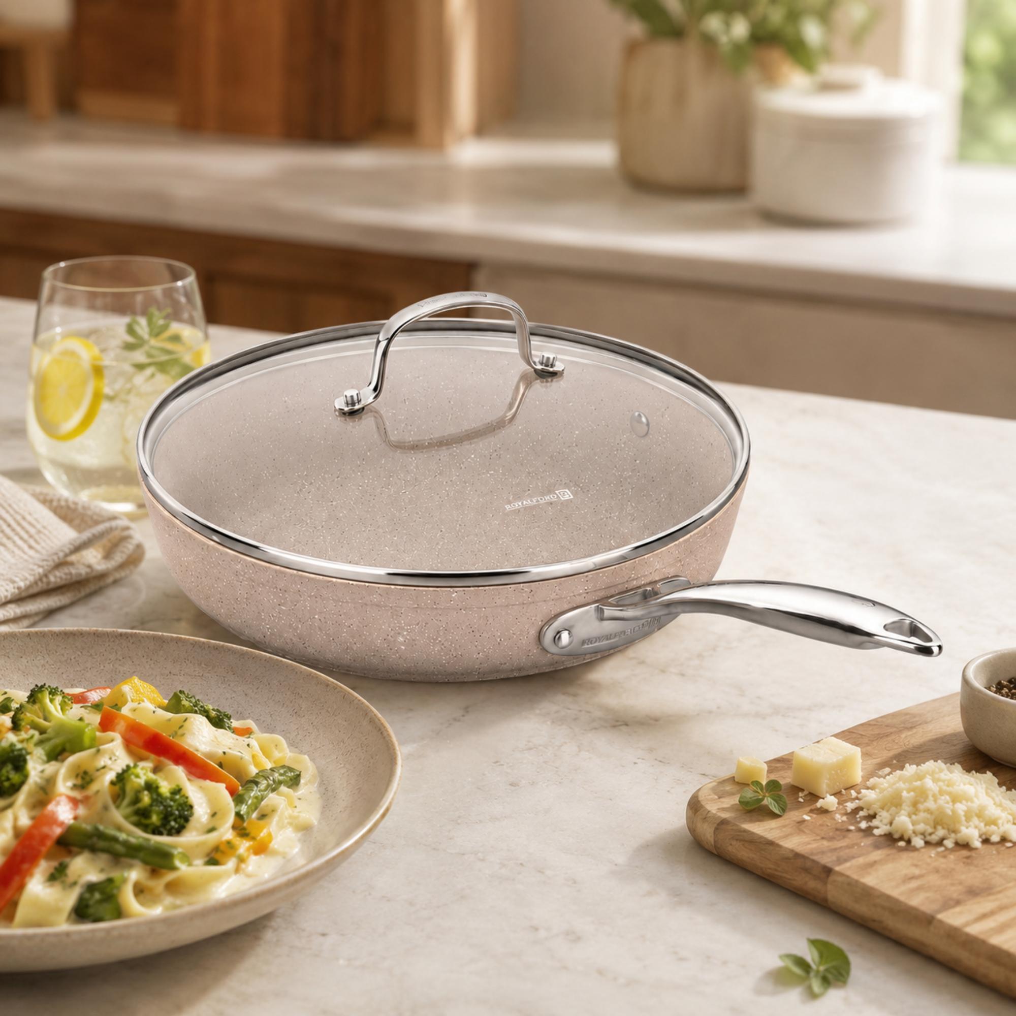 Korkmaz Granita Non Stick Frying Pan With Glass Lid - PFOA Free, Induction Compatible, Made In Turkey