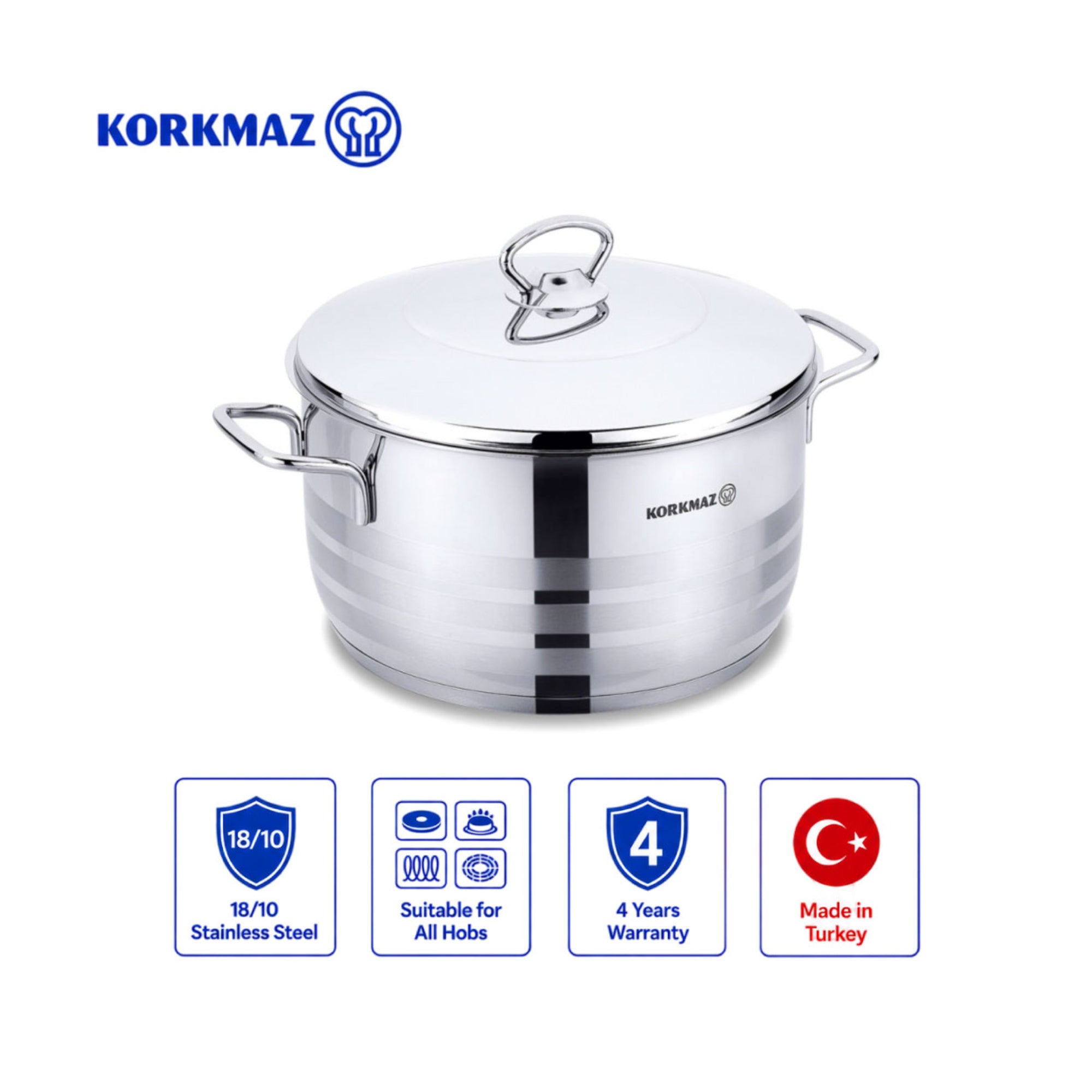 Korkmaz Astra Stainless Steel Stock Pot with Lid - Induction Compatible, Made In Turkey