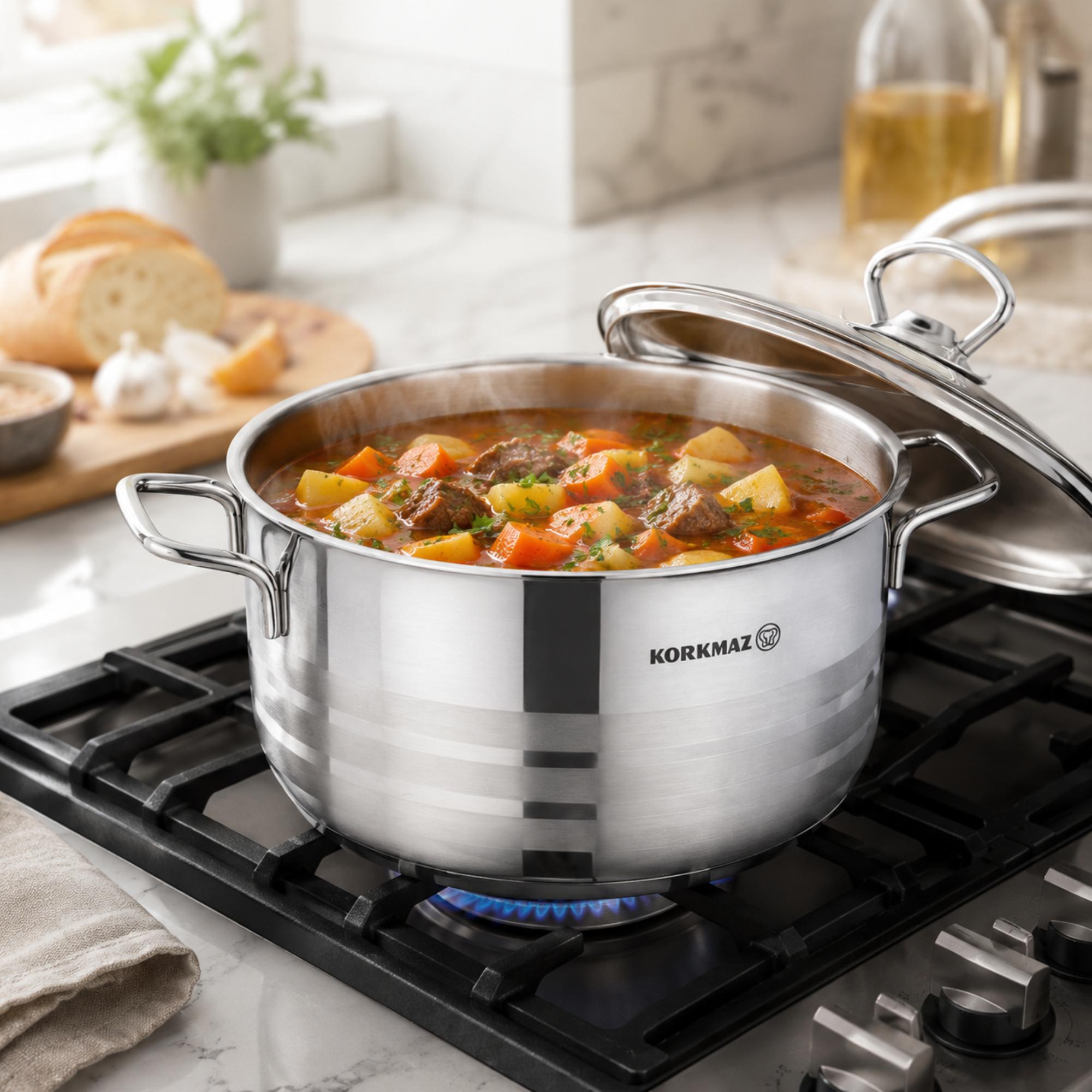 Korkmaz Astra Stainless Steel Stock Pot with Lid - Induction Compatible, Made In Turkey