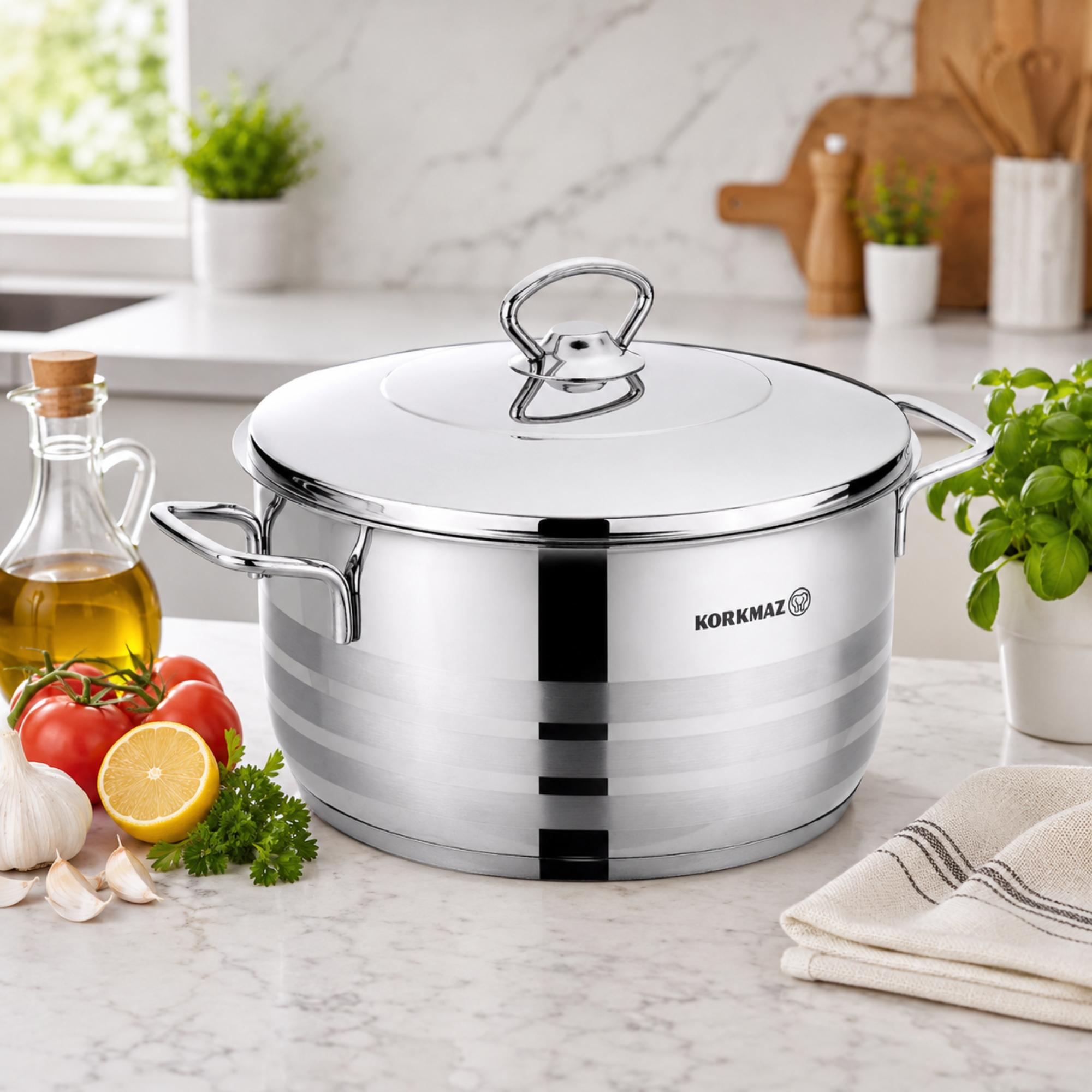Korkmaz Astra Stainless Steel Stock Pot with Lid - Induction Compatible, Made In Turkey
